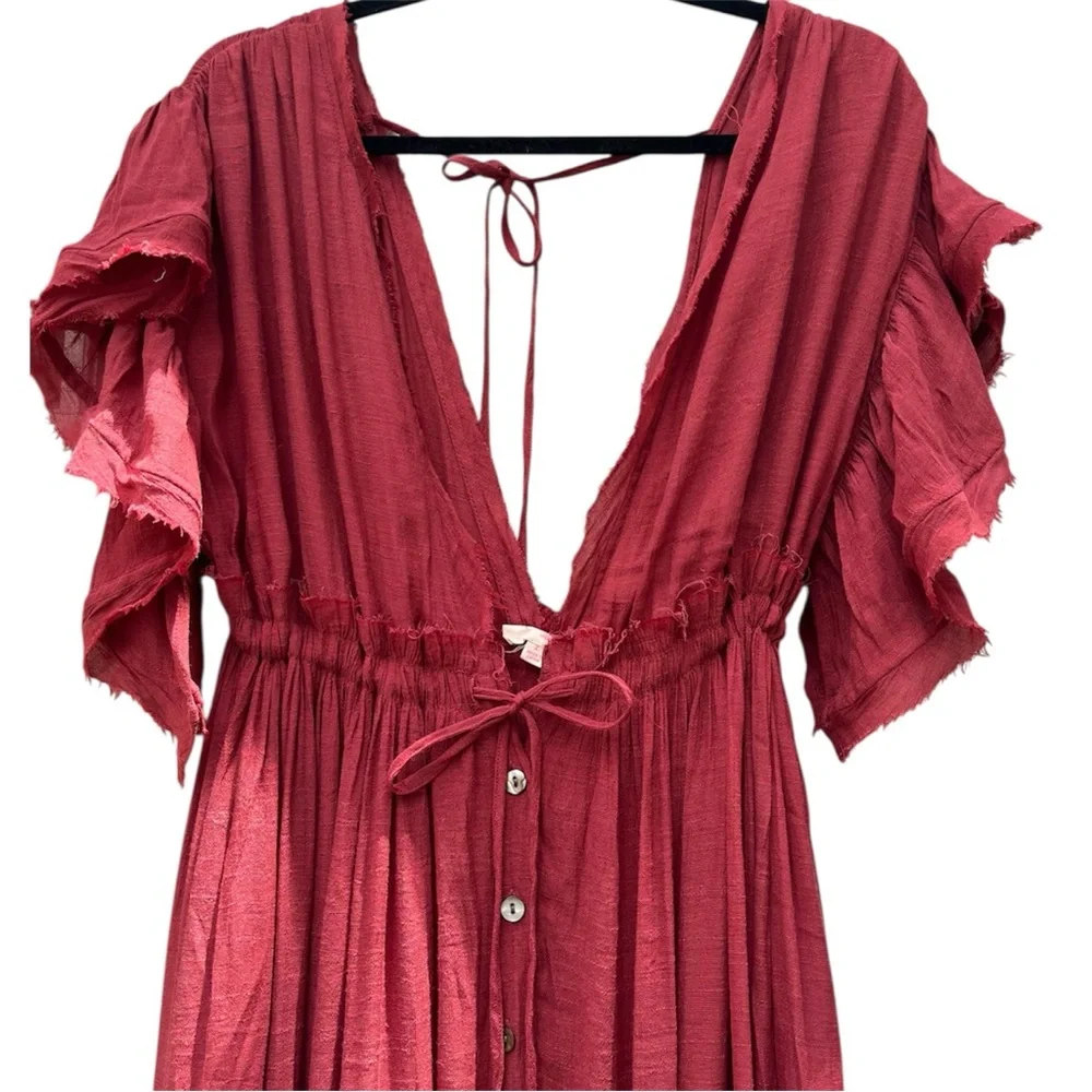 Peach Love California Large Red Maxi Dress Prairie Cottagecore minimalist Hippy - Picture 3 of 6